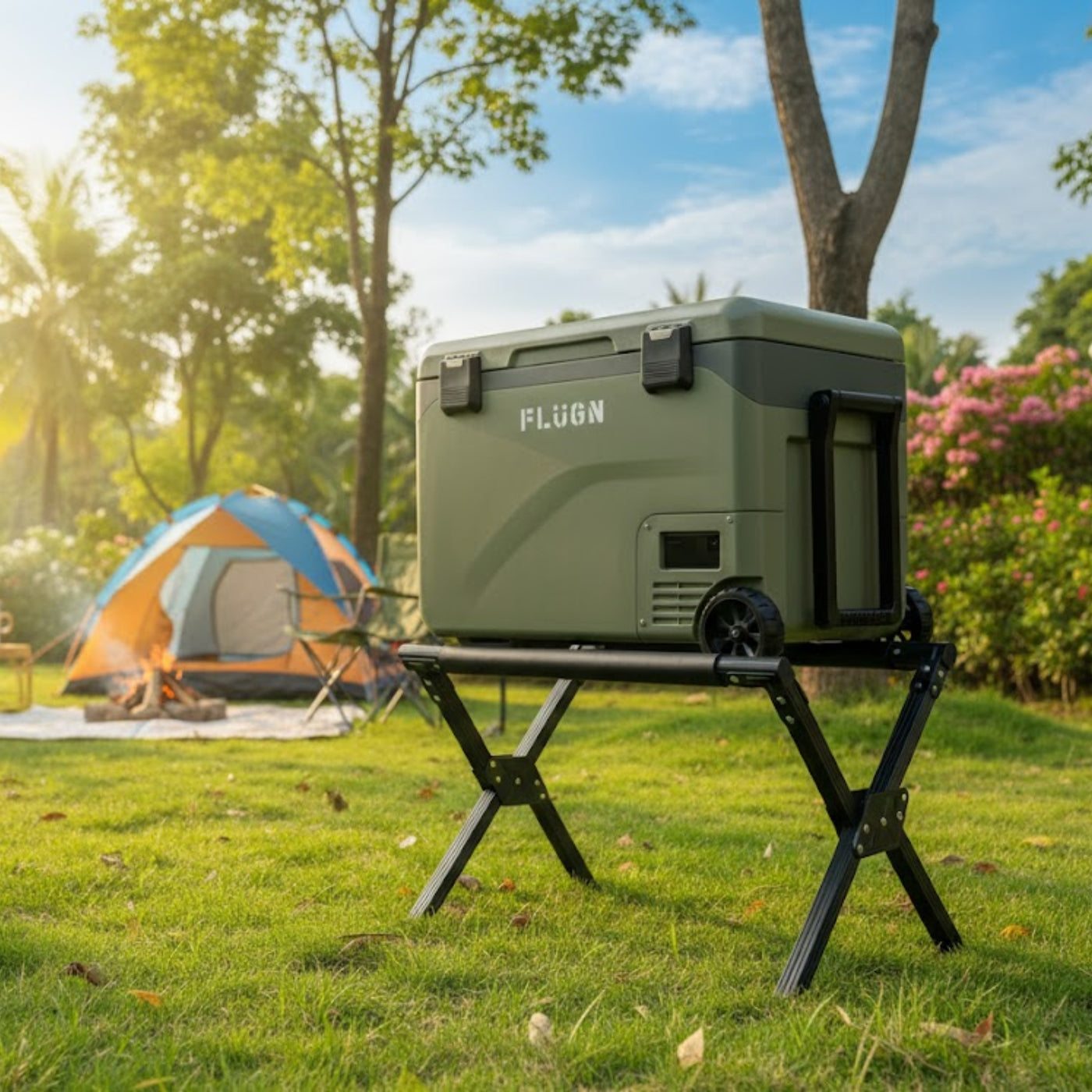 Aluminum cooler box stand for camping and outdoor use