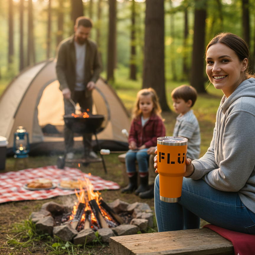 Orange insulated stainless steel coffee tumbler with spill-proof lid