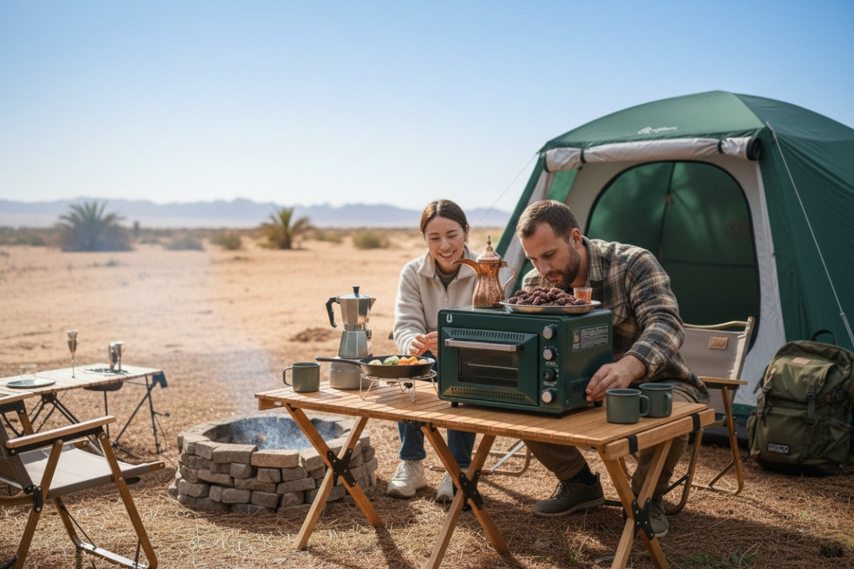 A couple cooking on the portable stove at a desert campsite.