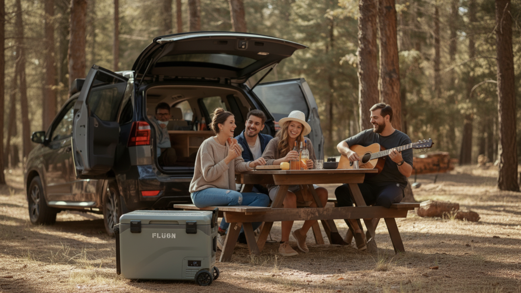A group of friends on picnic in a forest eating and enjoying music with Flugn portable fridge freezer on the ground.