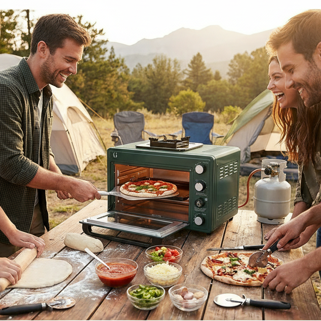 A group of friends baking pizza in Flugn portable green oven