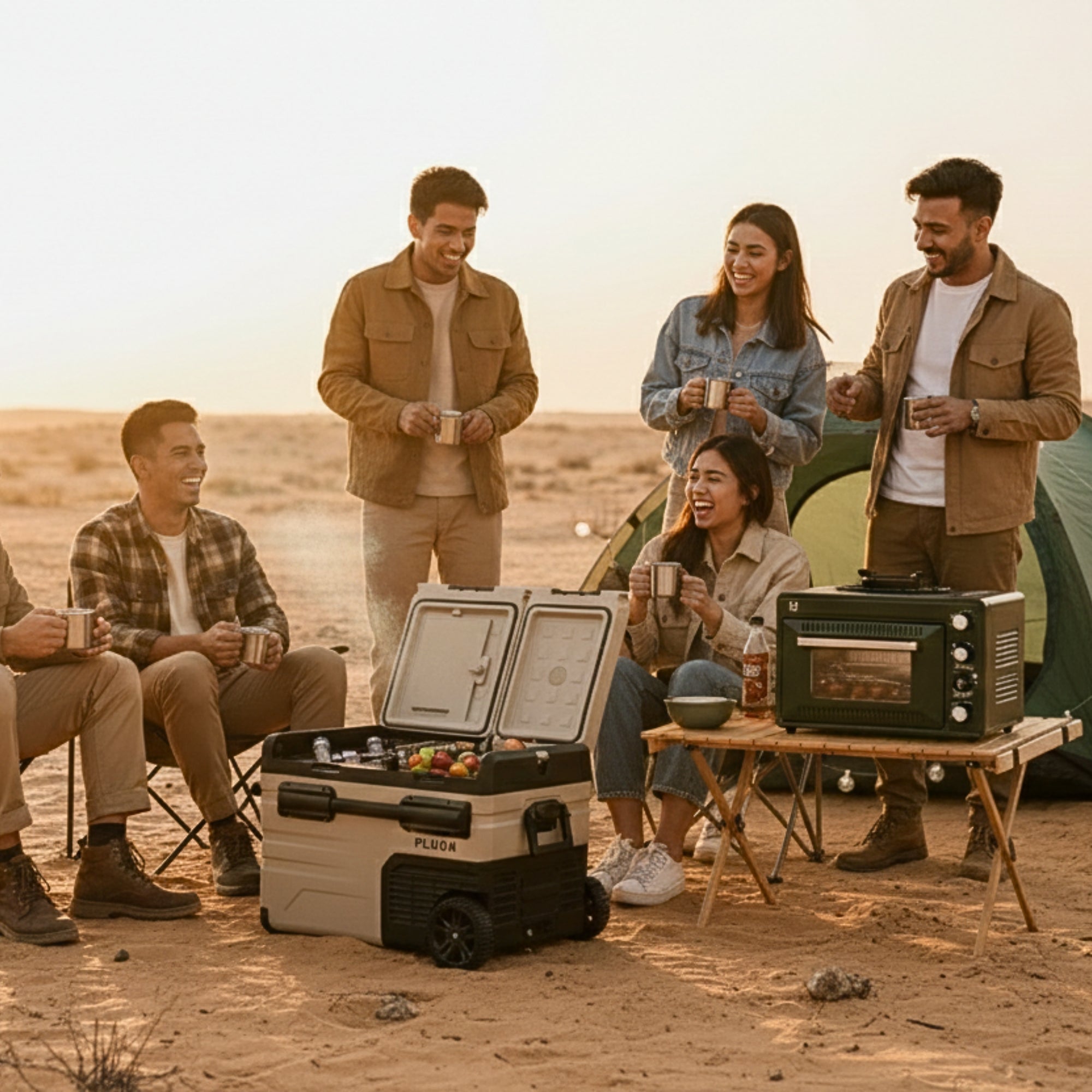 Friends gathered at a desert campsite using a FLUGN portable oven and portable fridge during an outdoor cookout.
