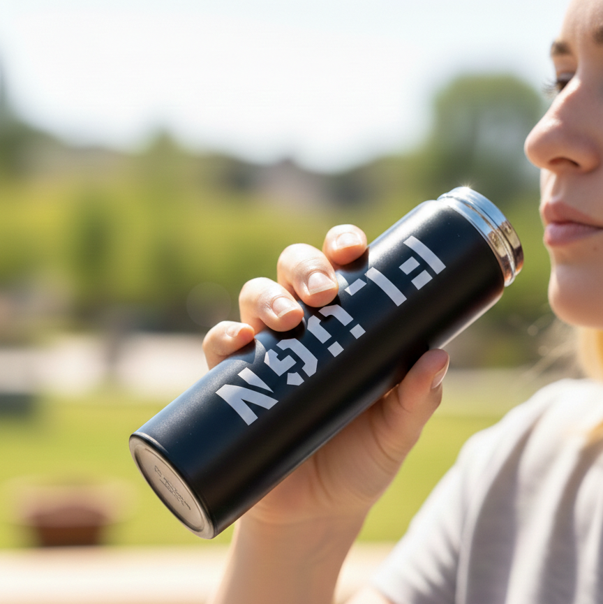 A woman drinking from FLUGN water bottle.