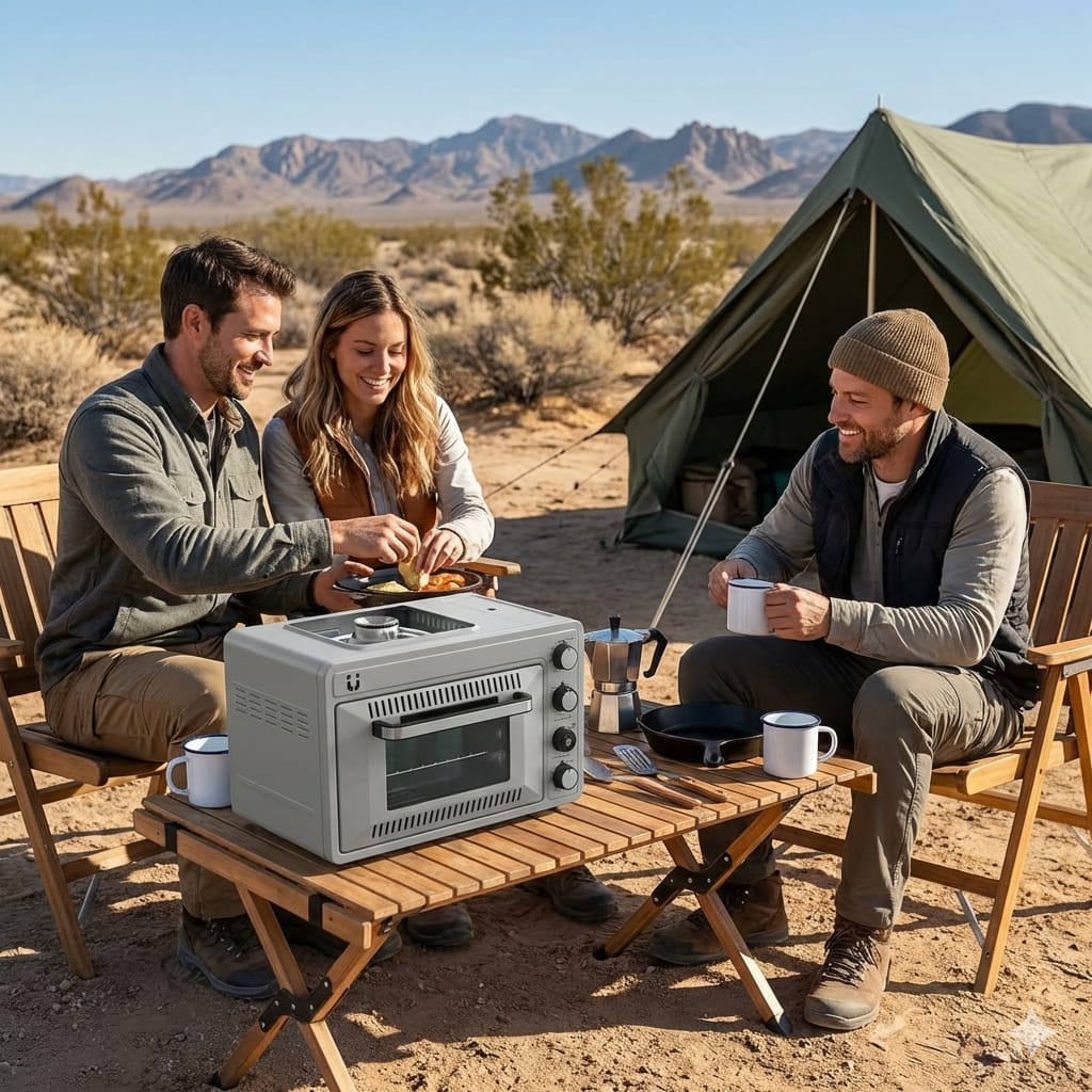 Friends gathered at a desert campsite using a FLUGN portable oven.
