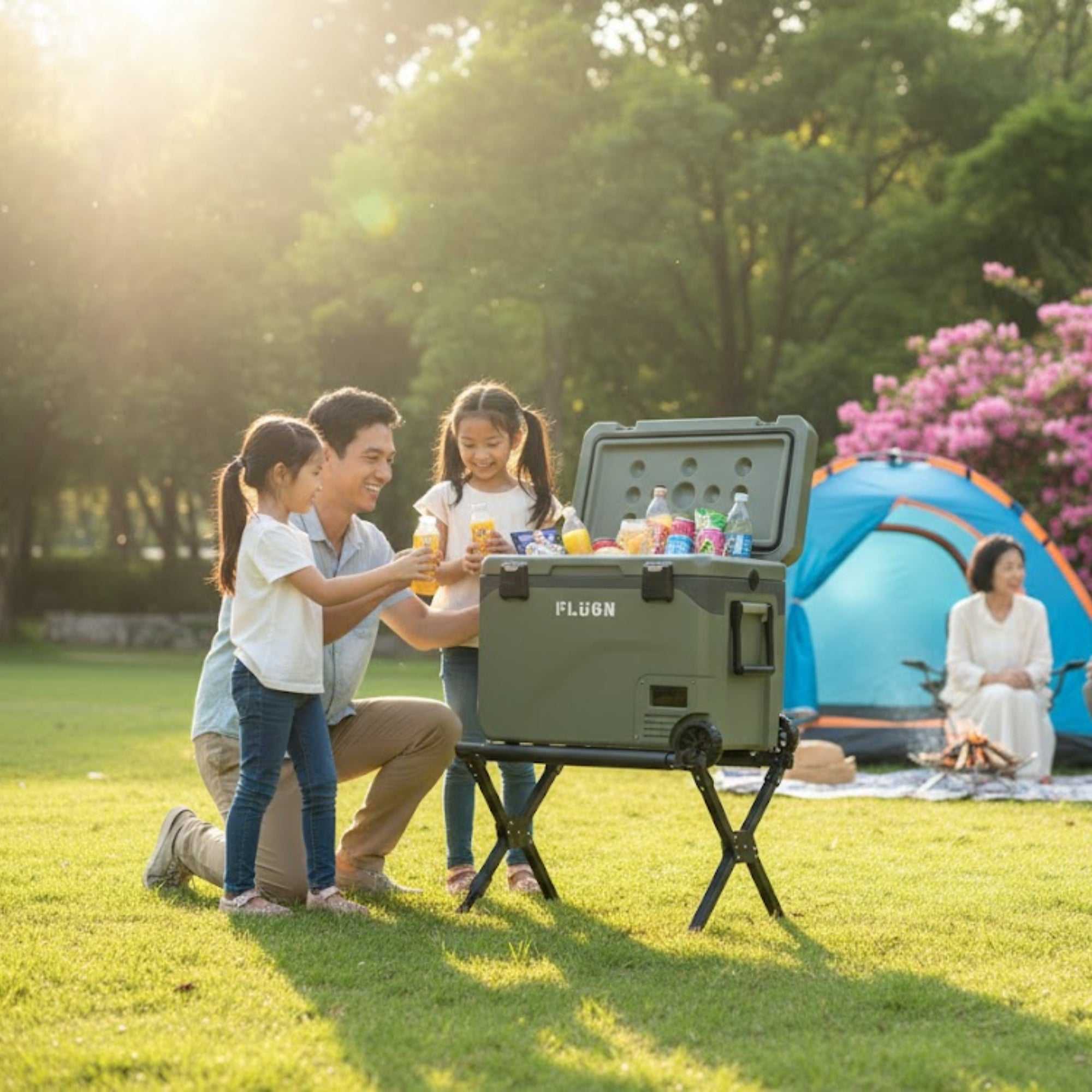 Family camping outdoors while children take juice bottles from a FLUGN portable fridge placed on a sturdy fridge stand.