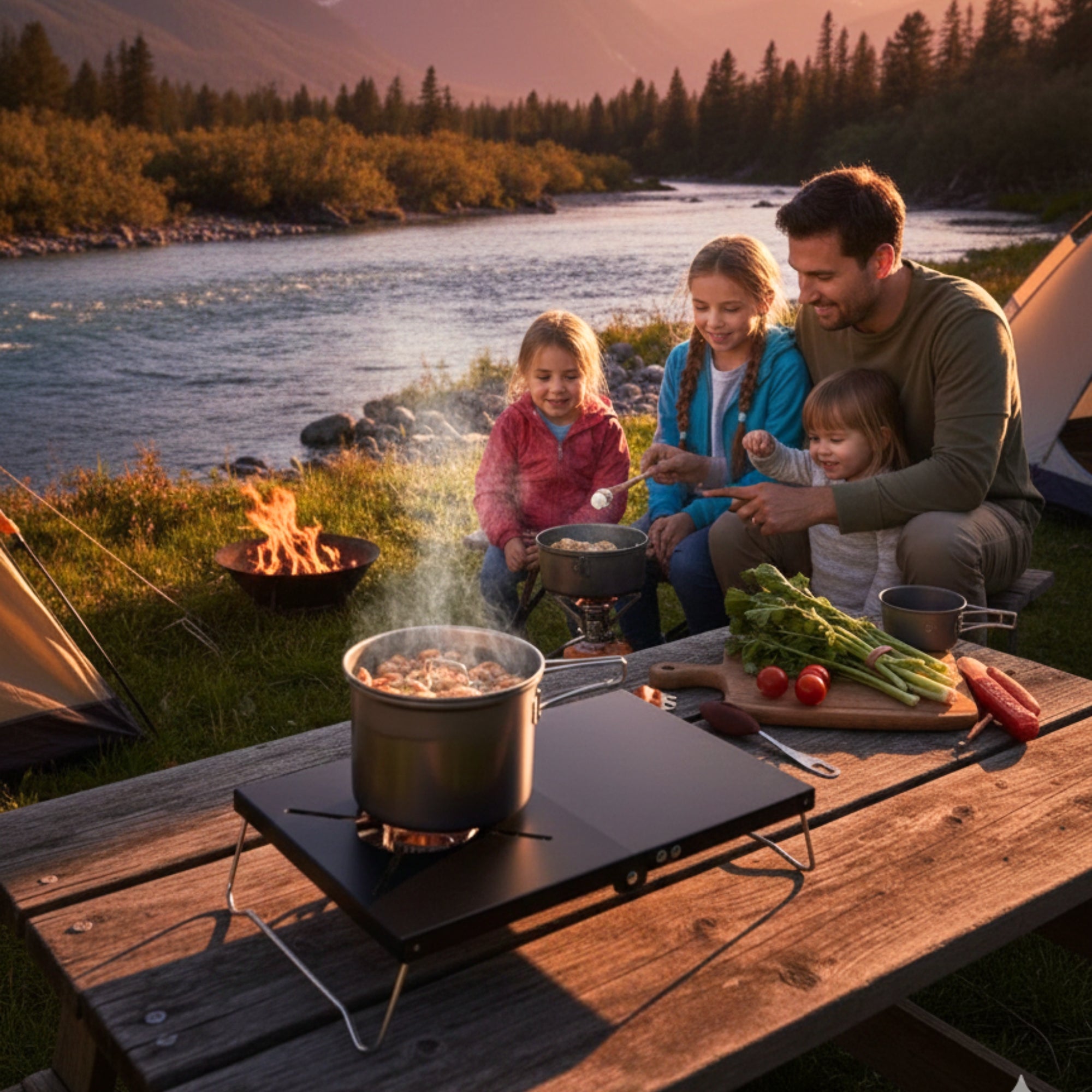 Family cooking a meal on a camping stove placed on a sturdy stove stand beside a riverside campsite.