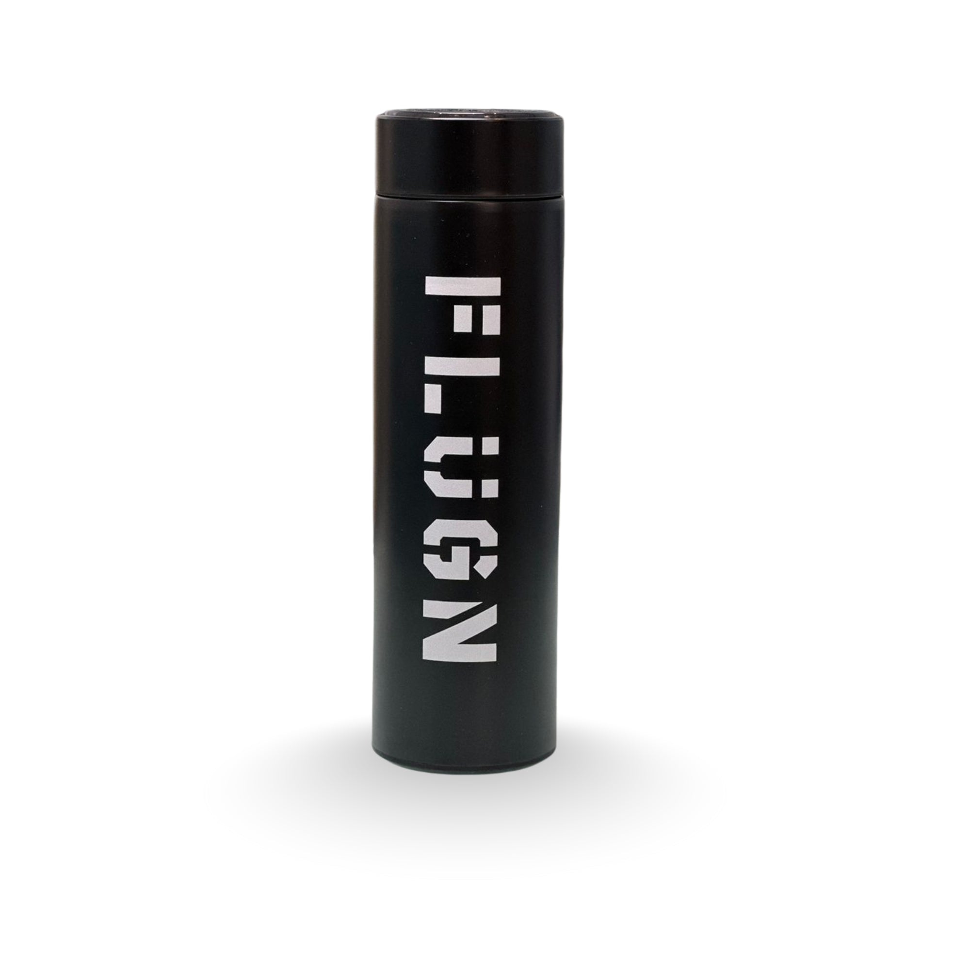 Black insulated stainless steel water bottle with LED temperature indicator