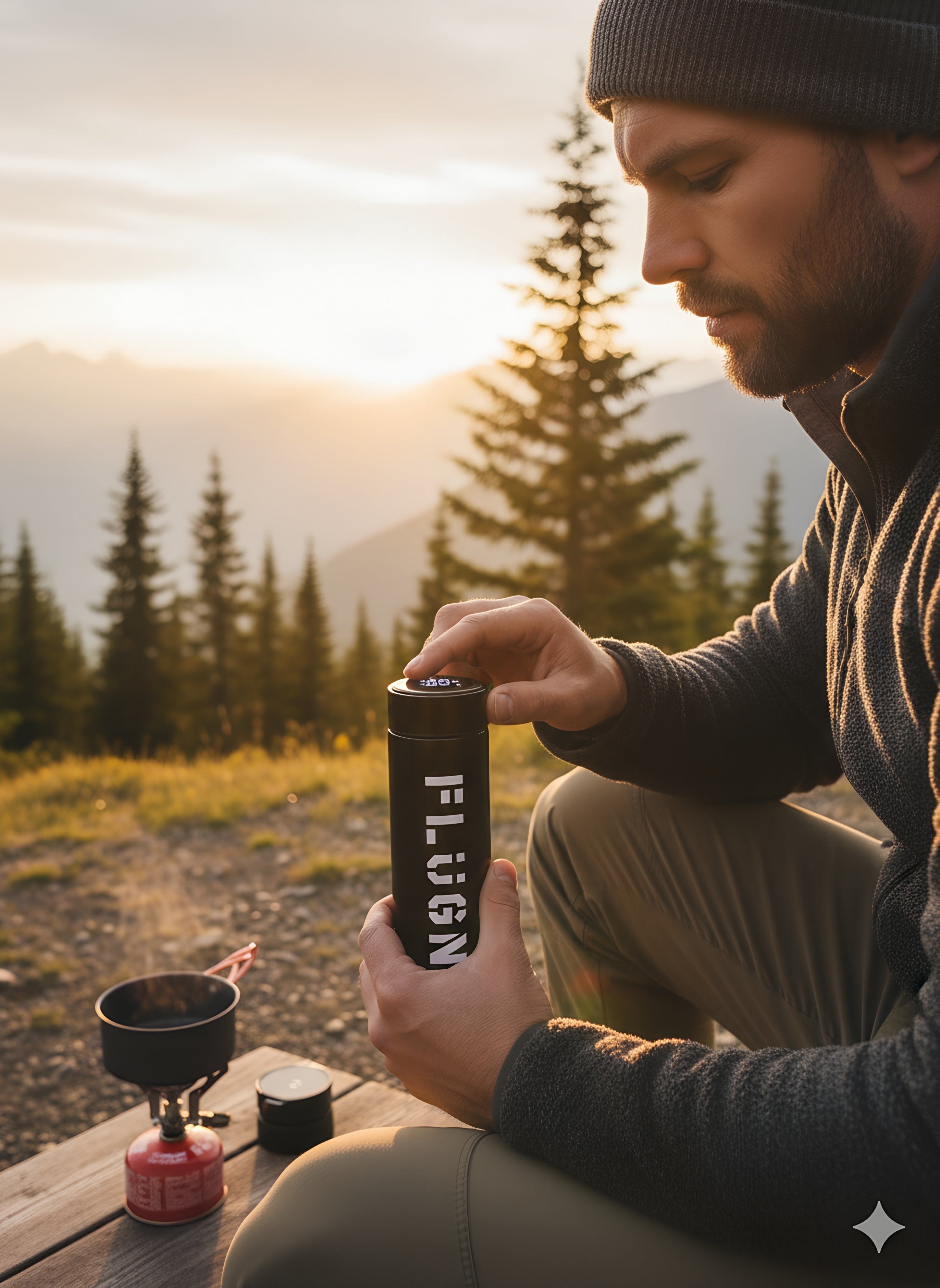Man holding a FLUGN product in a mountainous landscape during sunset.