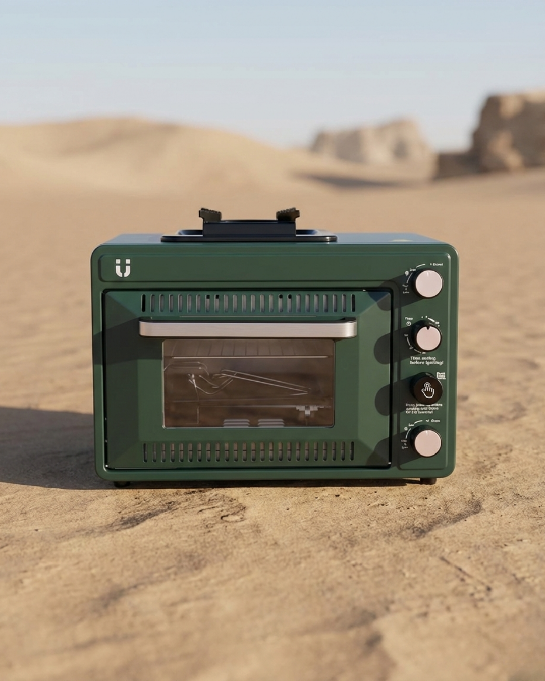 Green portable oven on a sandy surface with a desert landscape in the background