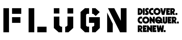 Logo with the text 'FLÜGN' and the tagline 'Discover. Conquer. Renew.'