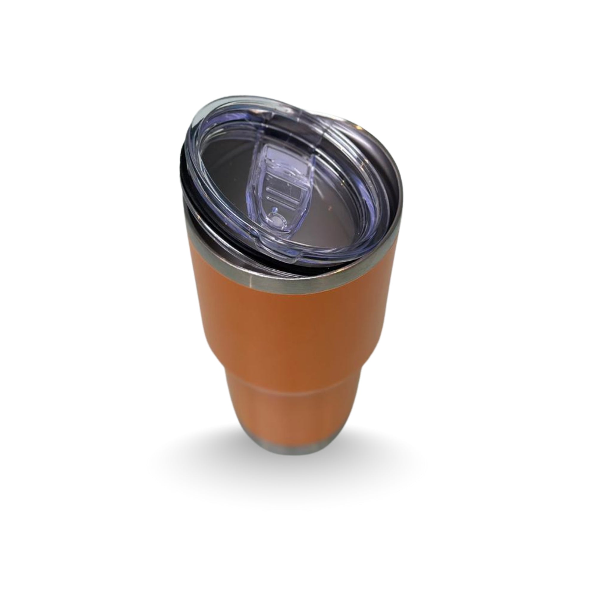 Orange insulated stainless steel coffee tumbler with spill-proof lid