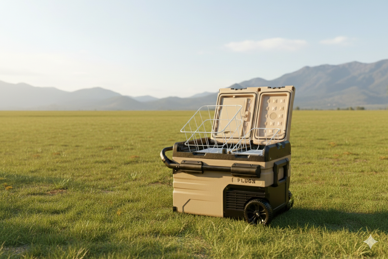 Portable refrigerator or cooler in a grassy field with mountains in the background