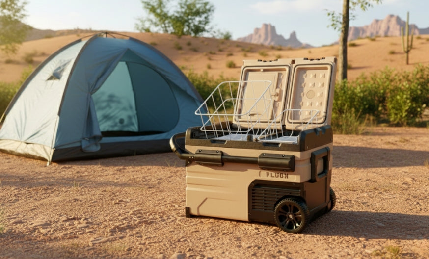 Portable cooler with wheels in a desert setting with a tent and mountains in the background