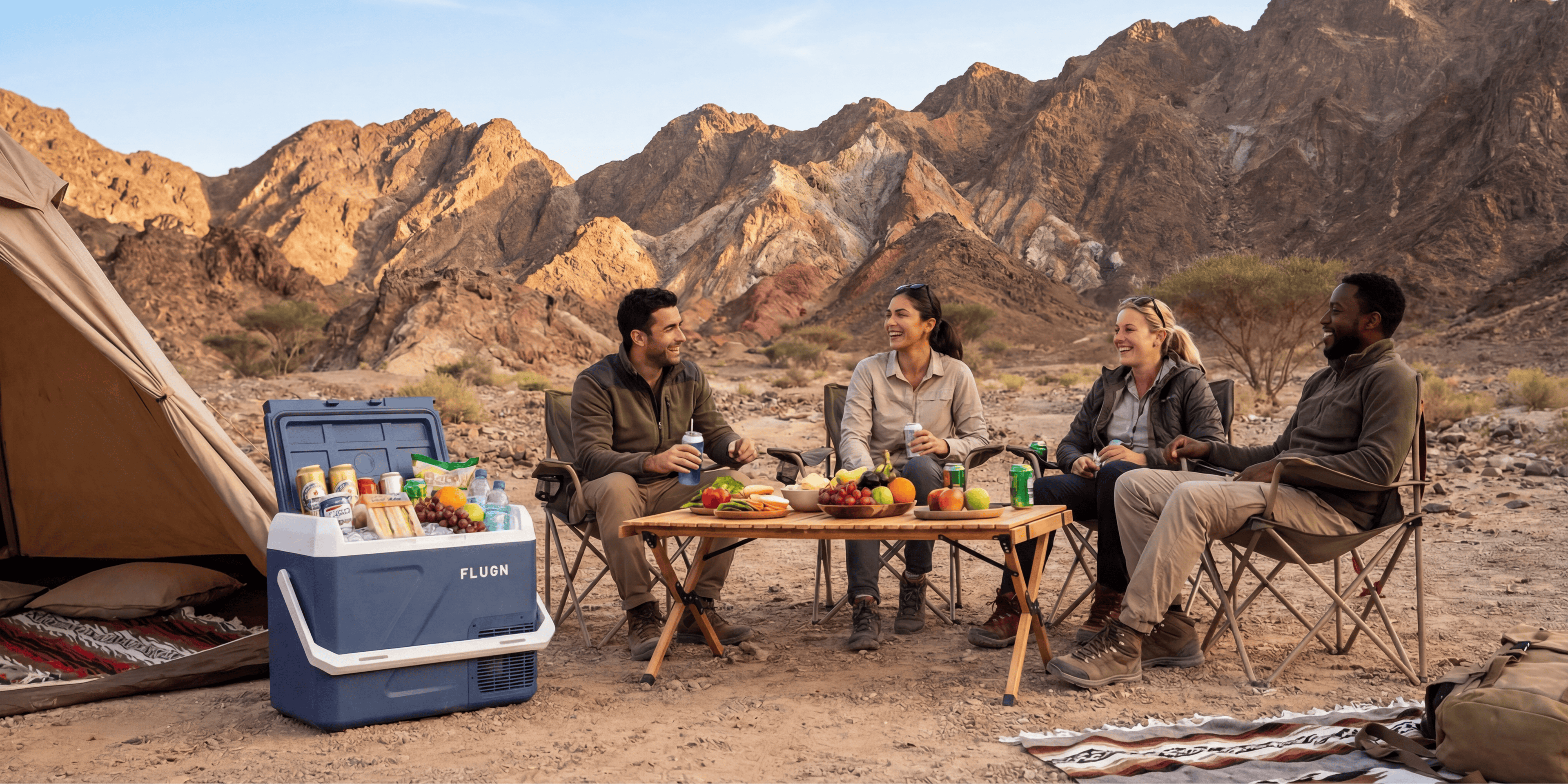 group of friends chatting at a campsite with FLUGN portable fridge in front of the camp.