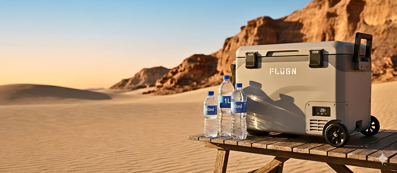 FLUGNN cooler box on a wooden table with water bottles in a desert setting