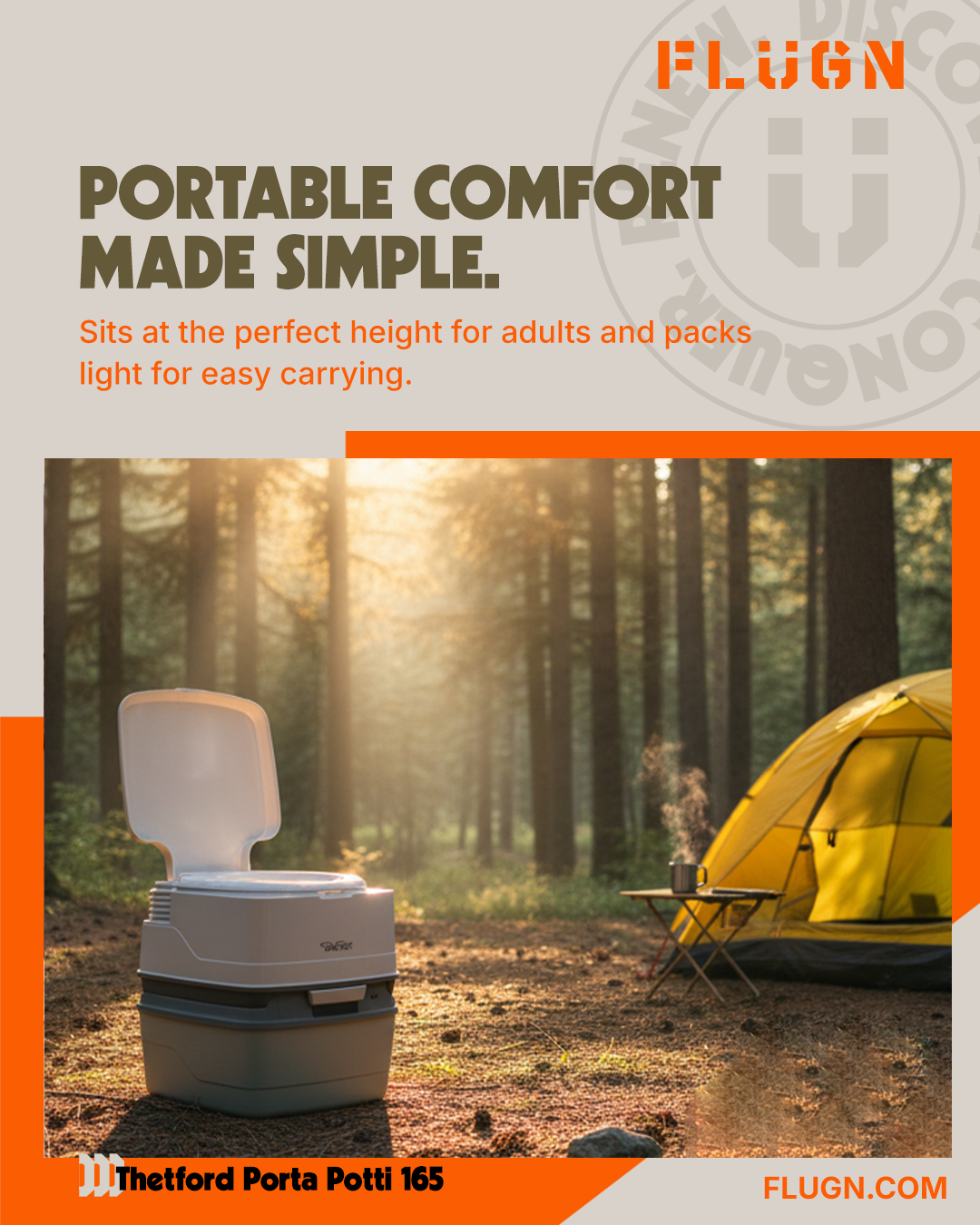 Portable toilet with camping scene and text about comfort and ease of use.
