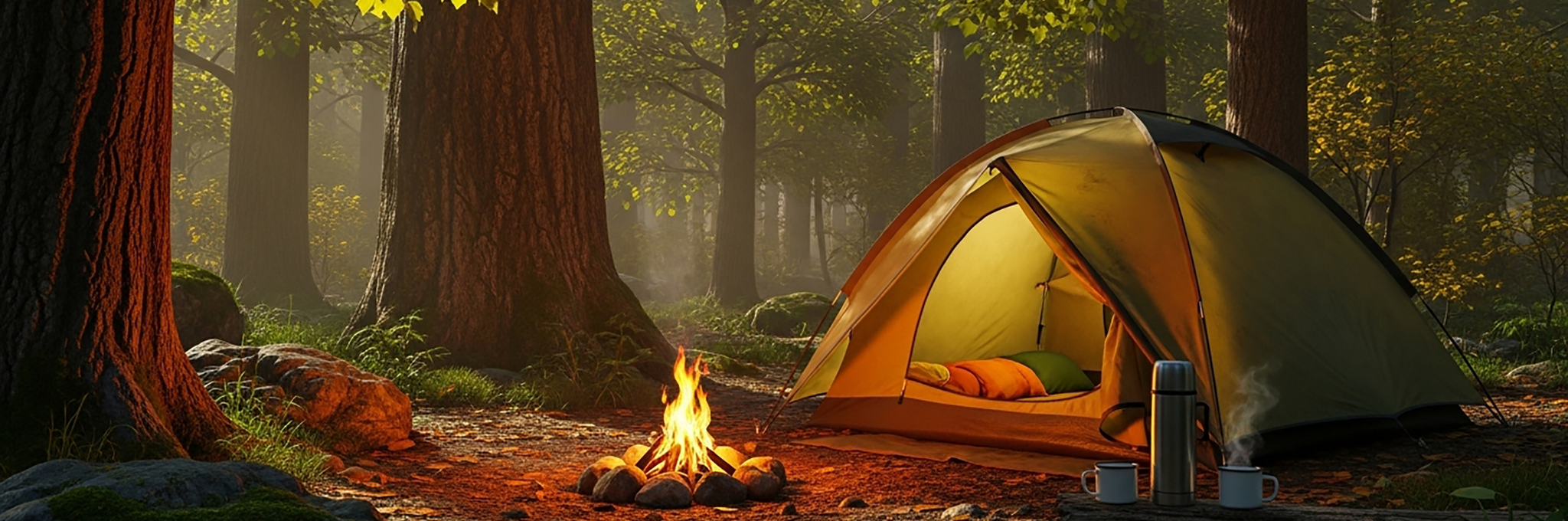 Tent with a fire in a forest setting