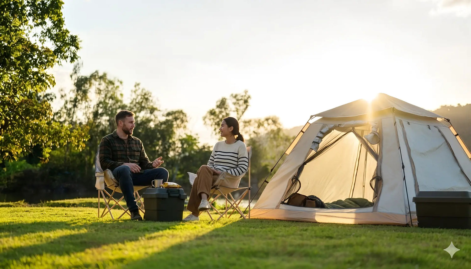 Two people sitting outside a tent in a natural setting