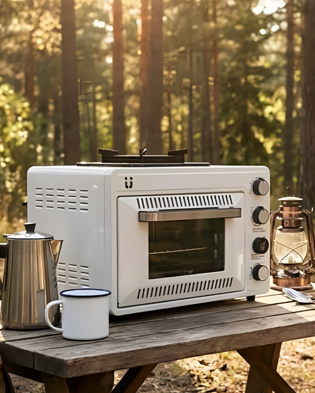 white oven on a table in a camping site