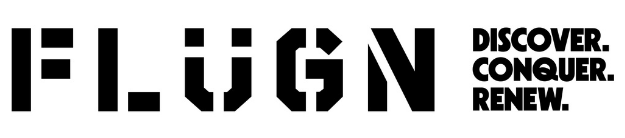 Logo with the text 'FLÜGN' and the tagline 'Discover. Conquer. Renew.'