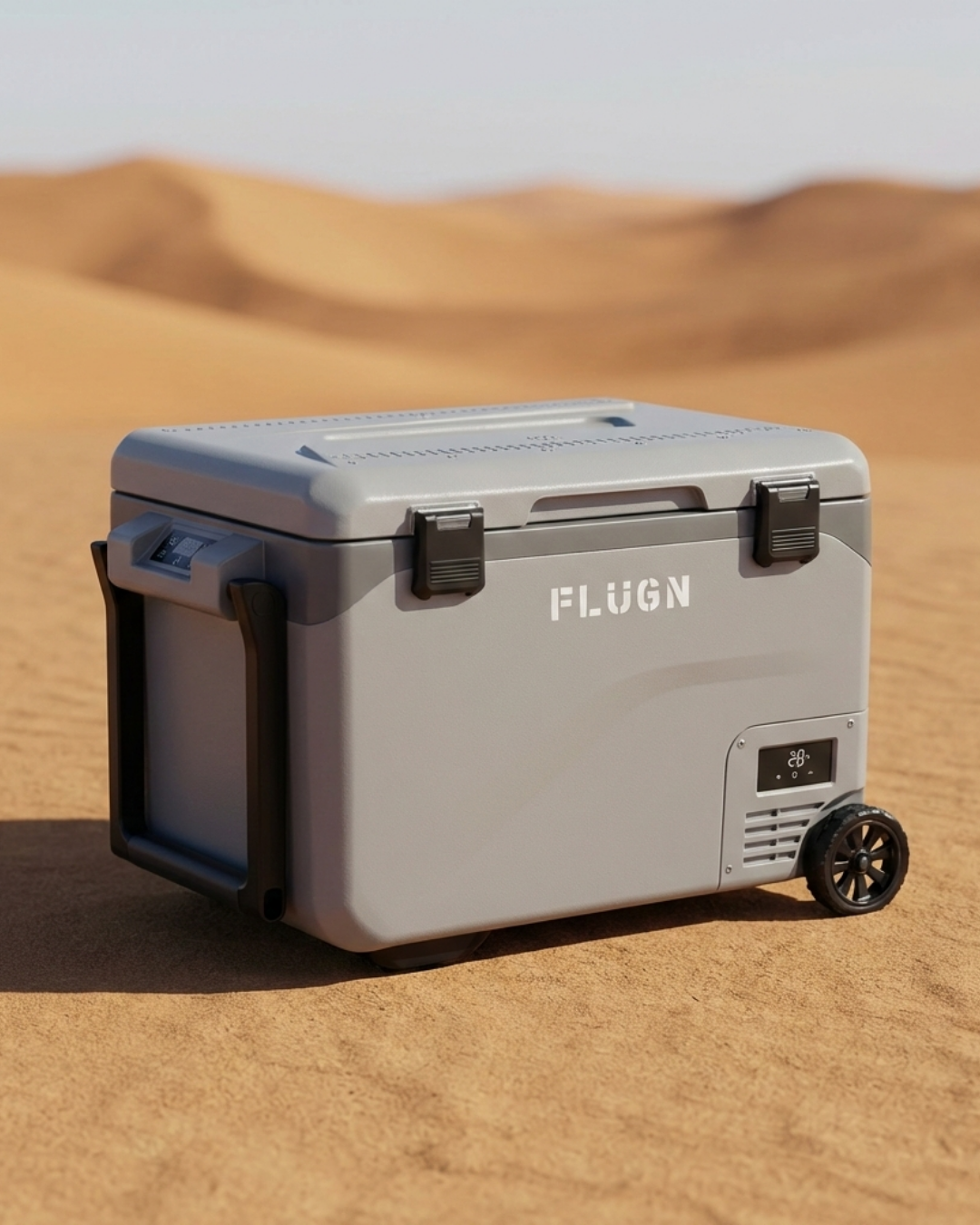 Gray cooler with wheels on a sandy background, featuring the brand 'FLUGN'.