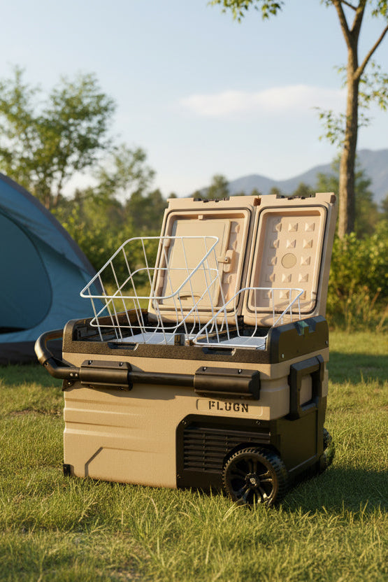 Portable cooler with open lid and tray on grassy outdoor setting