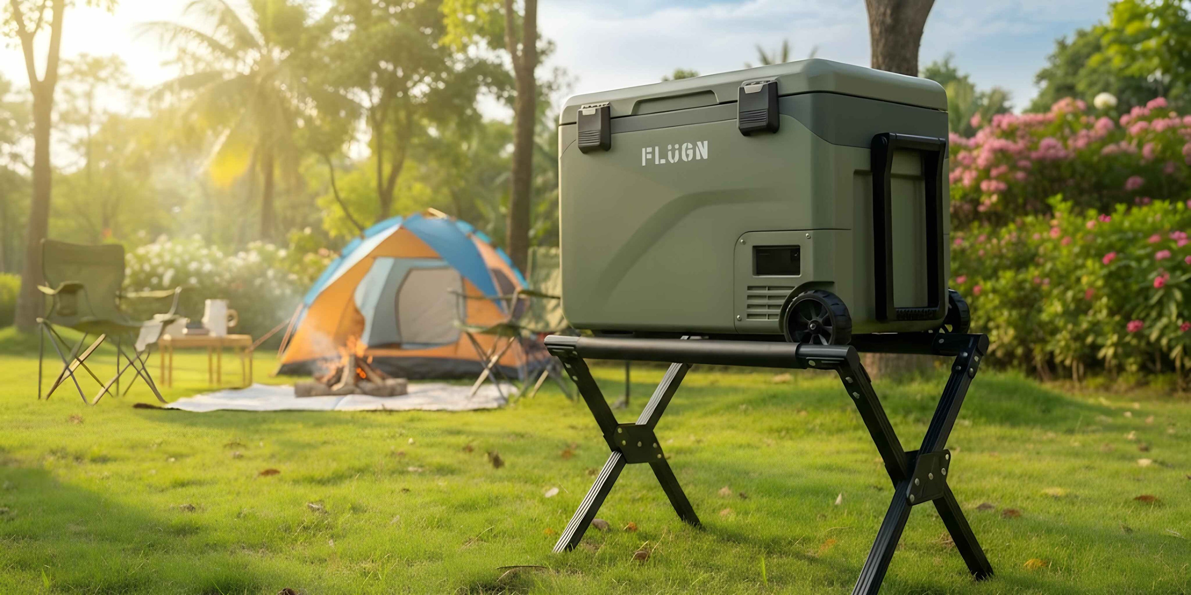 Flugn cooler on a stand in a camping setting with tents and people in the background.