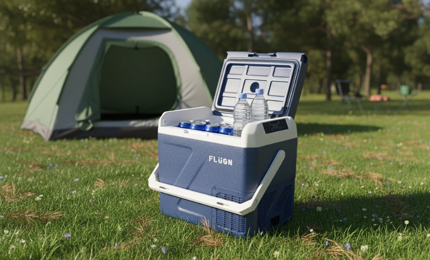 Blue cooler with drinks on a grassy field with a tent in the background