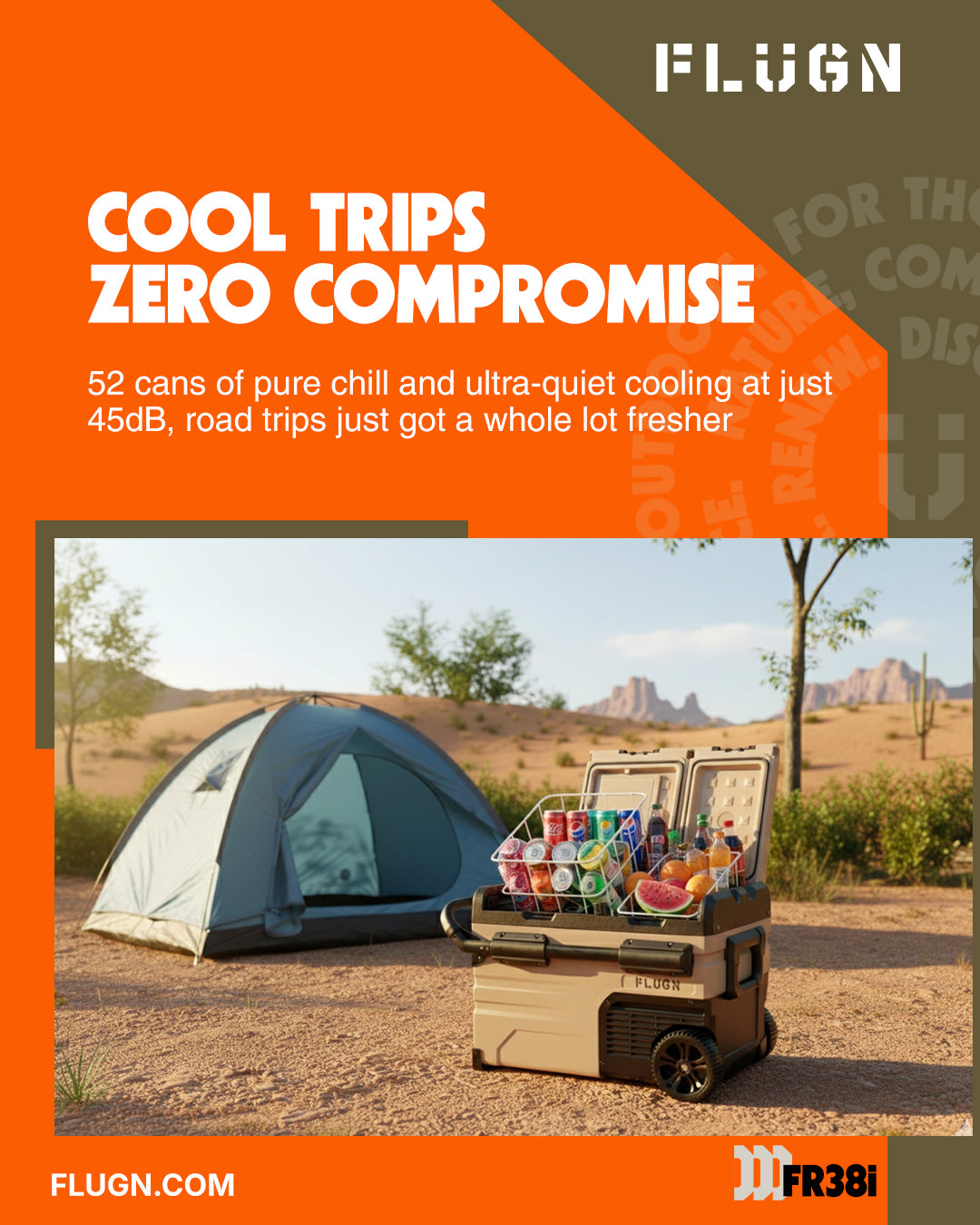 Promotional image of a cooler with drinks near a tent in a desert setting, featuring the FLUGN brand on Instagram.