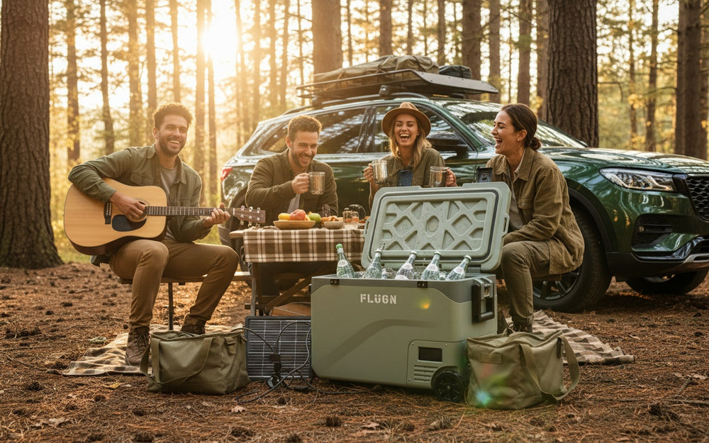 Group of people enjoying a picnic in the woods with a cooler box in the foreground.