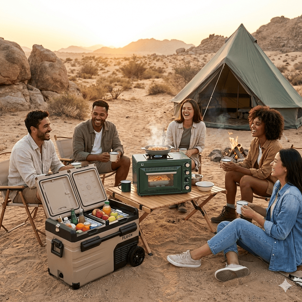Group of people camping in a desert with a portable stove and cooler.