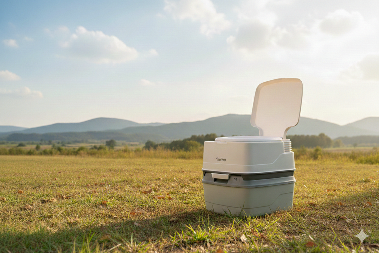 Portable toilet in a grassy field with mountains in the background