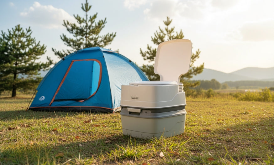 Portable toilet in front of a blue tent with trees and mountains in the background