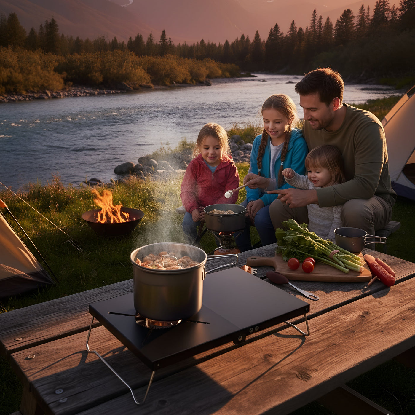 Family camping by a river with mountains in the background