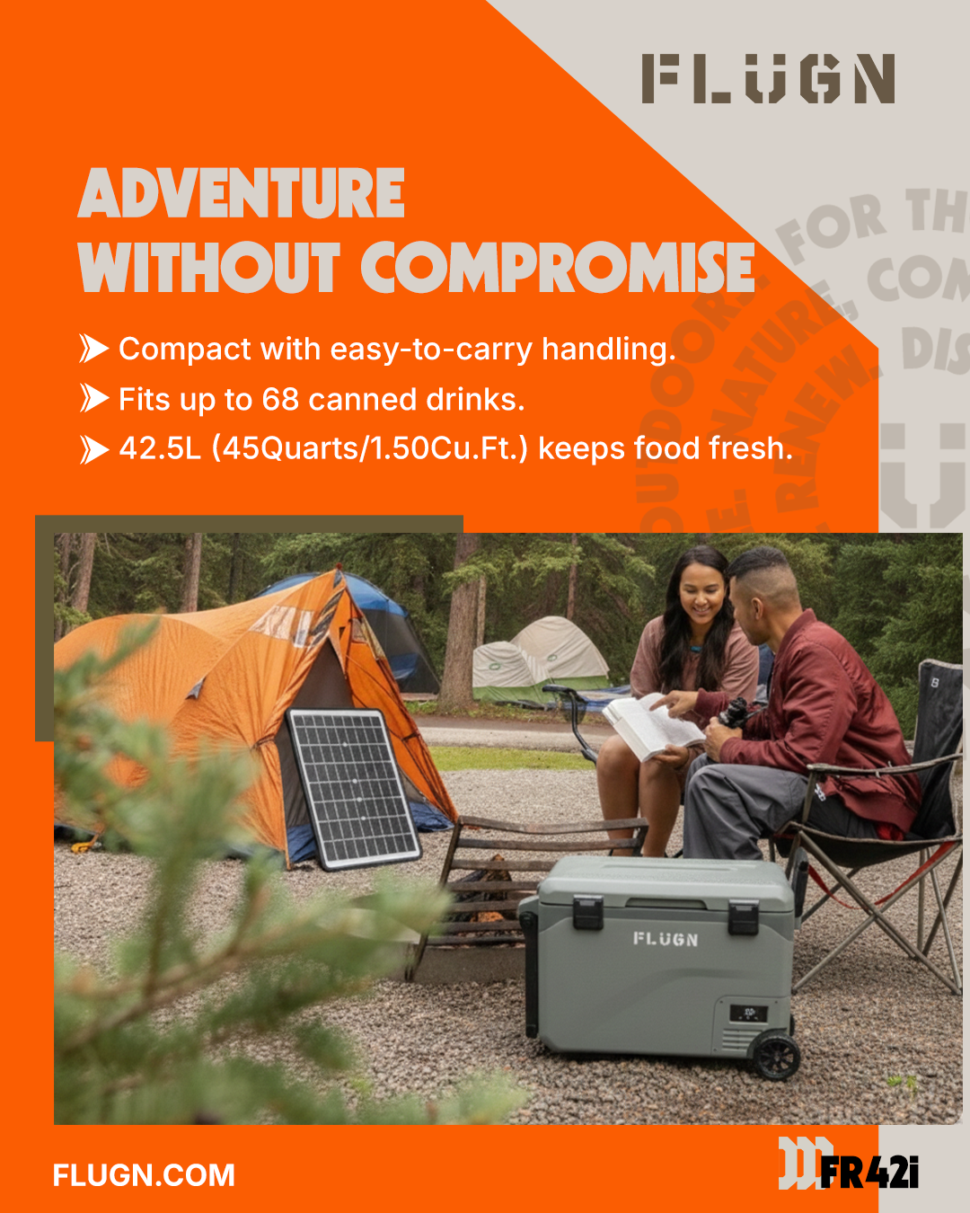 couple at a campsite with FLUGN fridge beside them.