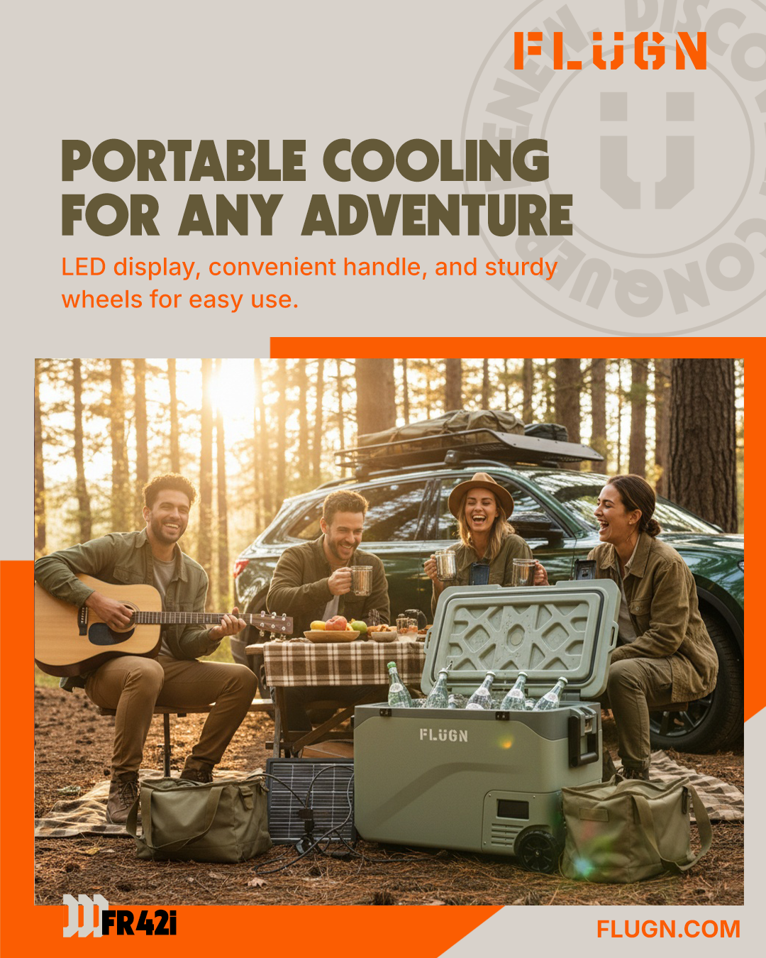 FLUGN portable cooling system with people around a campfire in a forest setting.