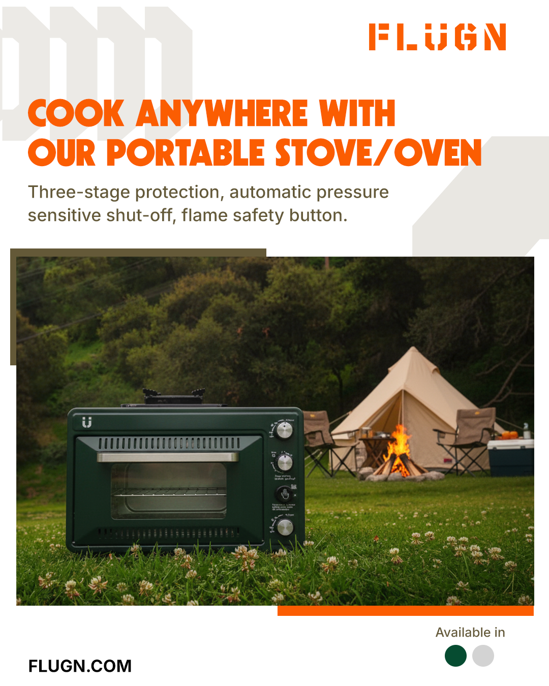 Green portable oven at a campsite near a forest. 