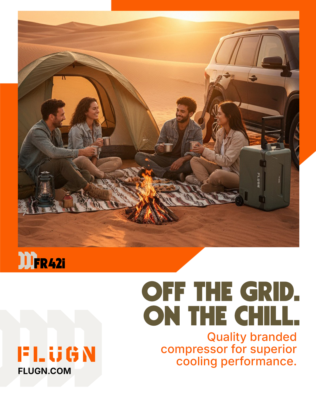 People camping with a fire and a tent, featuring the FLUGN brand of Portable Fridge Freezer
