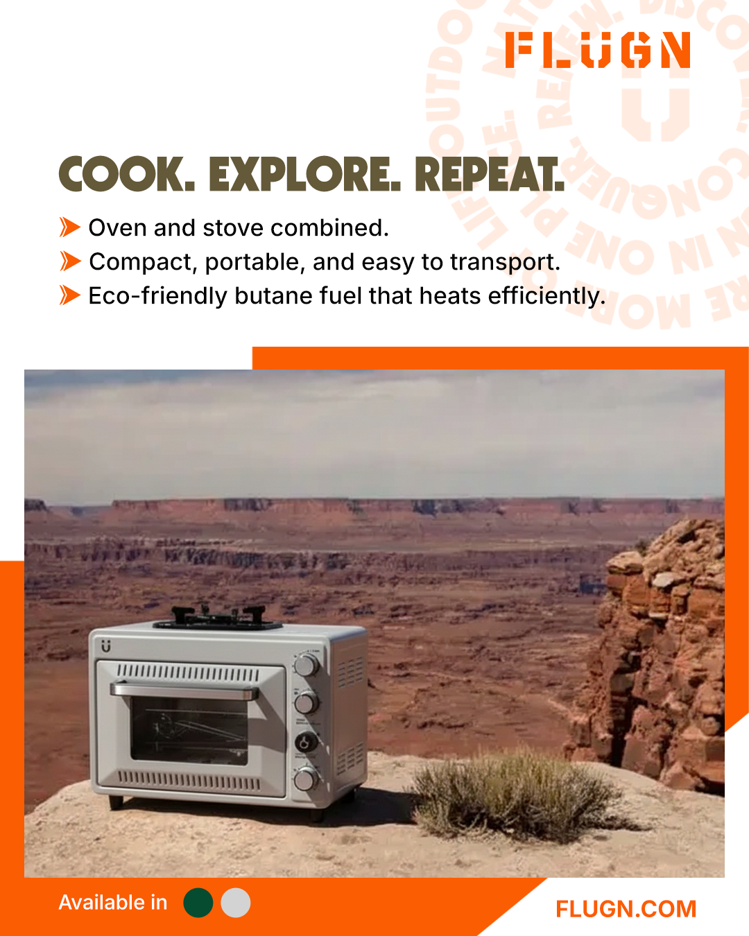 Portable oven and stove on a rock with desert landscape in the background, featuring the brand 'FLUGN'.