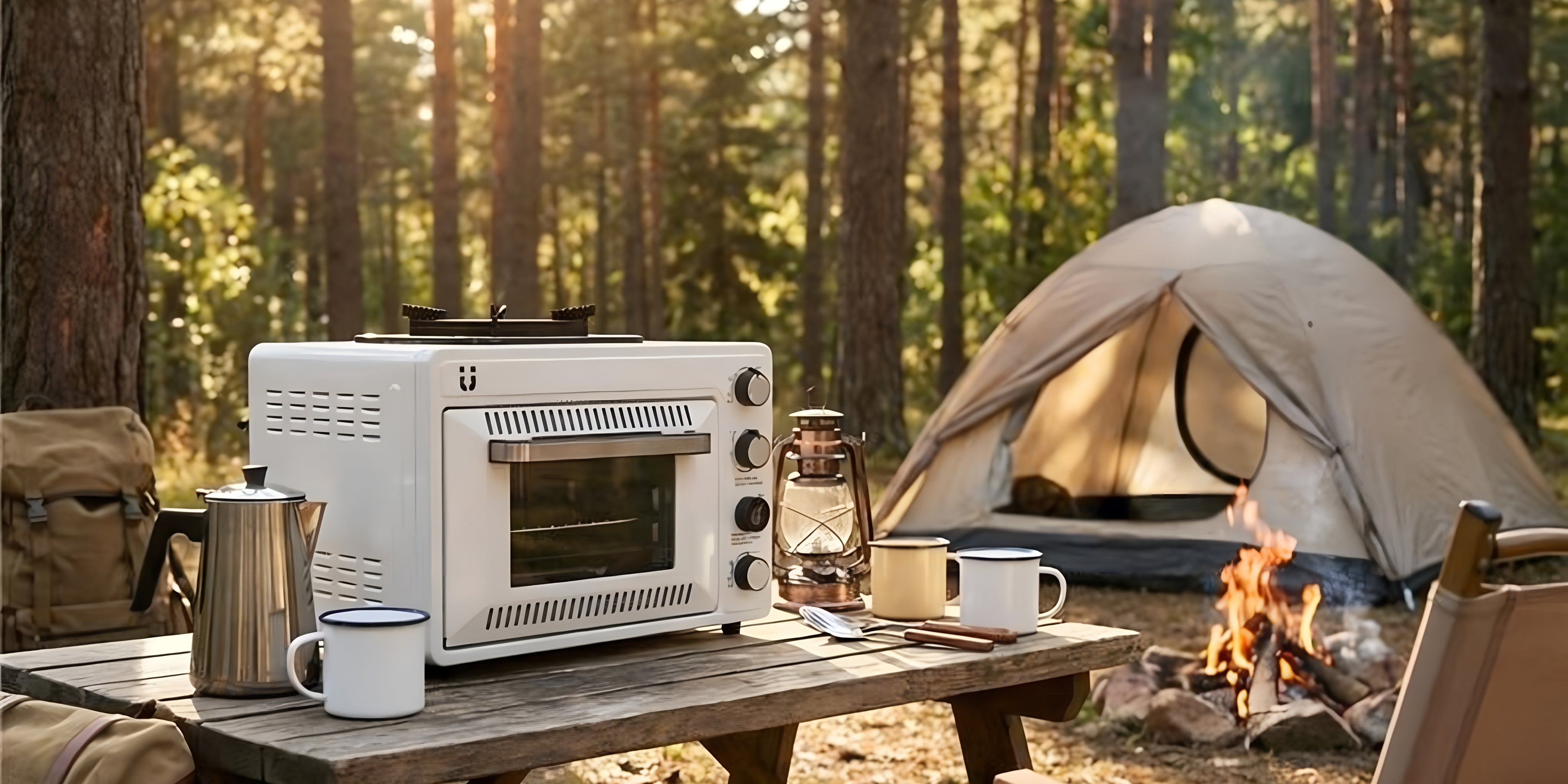 Portable oven on a camping table with a tent and campfire in the background